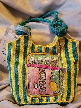 Beaded Sardine Tin Yellow & Teal Striped Handbag Bnwt Hsndcrafted In India ML